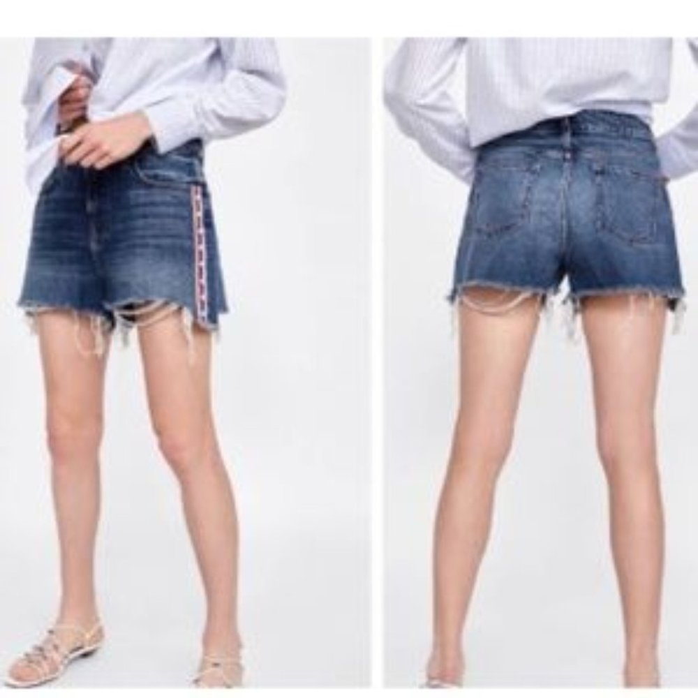 Zara denim shorts red and white stripes with pearls size 2